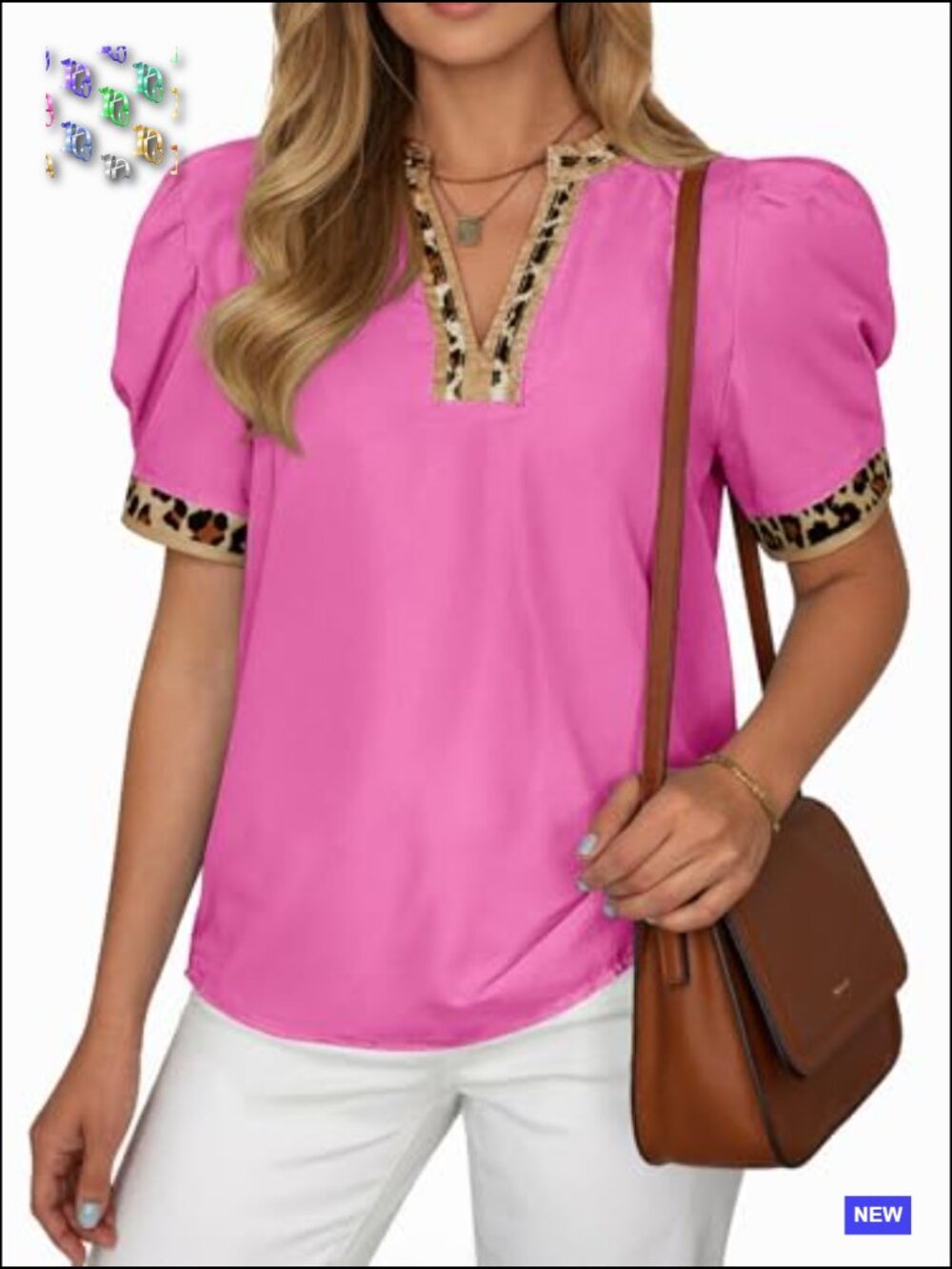Puff Sleeve V Neck Color Block Blouse Dressy Casual Loose Fit T-Shirt Top - Picture 6 of 7